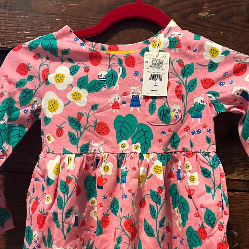 Boden Pink Floral/kitten/strawberry Kids Dress 4-5y NWT - Picture 2 of 4
